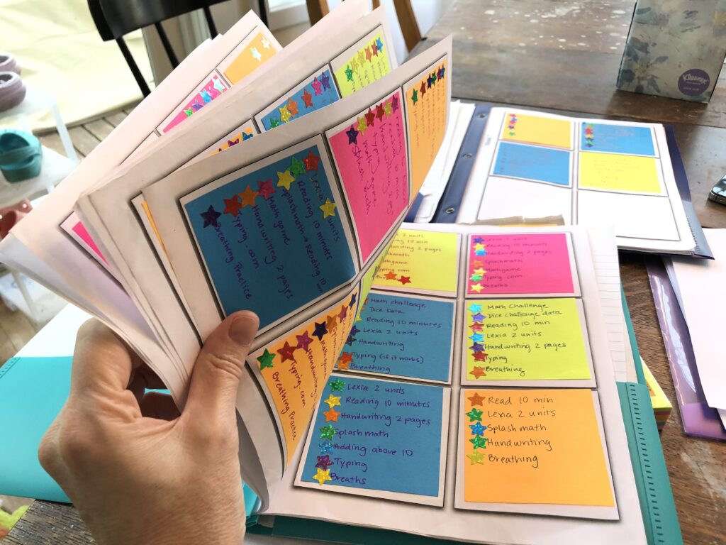 This is a photo of the folders we use with our daughters which show many different to-do stickies we have completed over time.