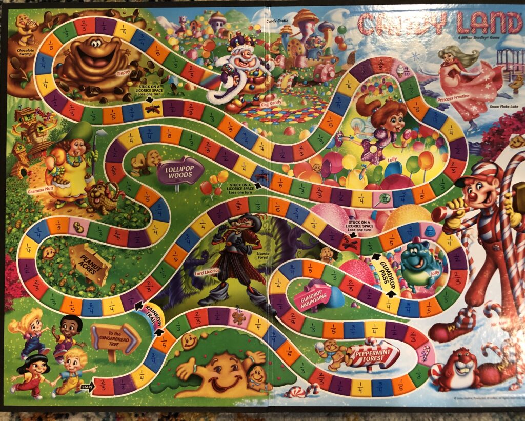 Image shows a candy land board with fraction values written on each of the squares.