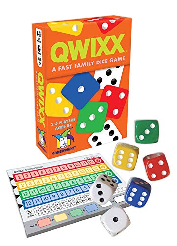 Image shows Quixx game four colored dice, two white dice, and score sheets.