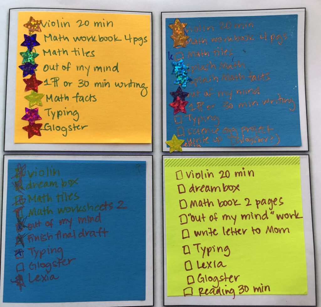 Four post-its with tasks for each day written on each.  The last one has checkboxes for the following: violin 20 min, dreambox, math book 2 pages, "out of my mind" work, write a letter to mom, typing, lexia, glogster, reading 30 minutes.