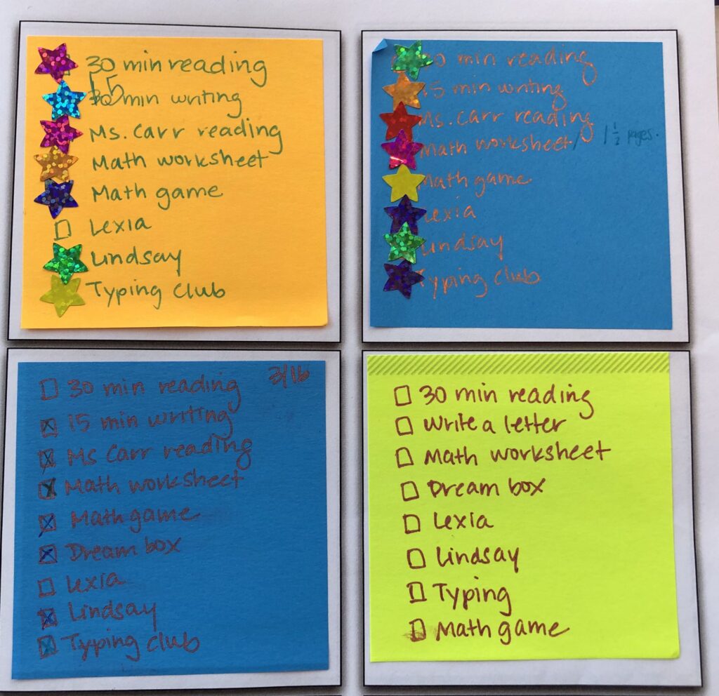 Four post-its with tasks for each day written on each.  The first one has 30 minutes of writing crossed off with 15 minutes of writing written on it.  The second and third post-its have a list of daily homework with 15 minutes writing.  The 4th post-it has daily homework with "write a letter" as one of the tasks.