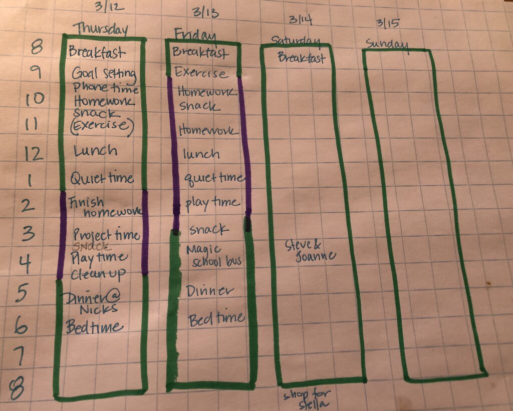 Weekly schedule partially filled out.  Schedule is written on large box graph paper, with the days represented in columns along the top, and each hour 8am through 8pm labeled down the left side of the paper.  Details about the activity for each hour are given (e.g., Thursday 8am Breakfast, 9am Goal setting, 10am Homework, etc)  The schedule for Thursday and Friday are completed, and Saturday and Sunday are blank.